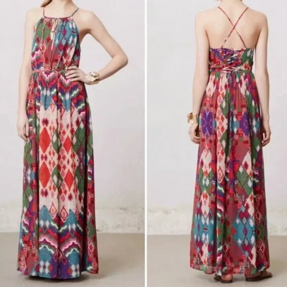 Anthropologie Maeve Tarana Boho Maxi Strappy Multicolor Halter Sundress Size 6 - Picture 1 of 13